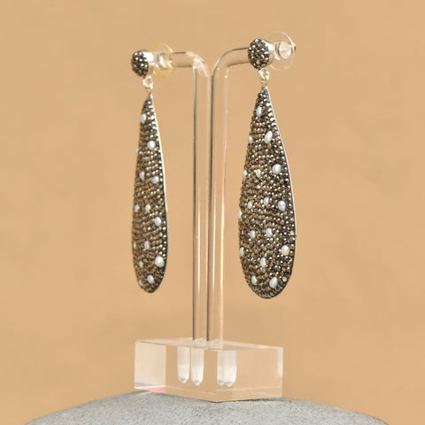 Dazzling Marcasite Seed Pearl Encrusted Sterling Silver Teardrop Earrings, Estate Jewelry, 3" L