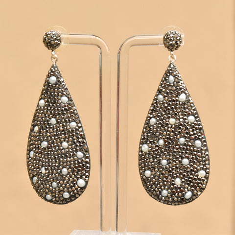Dazzling Marcasite Seed Pearl Encrusted Sterling Silver Teardrop Earrings, Estate Jewelry, 3" L