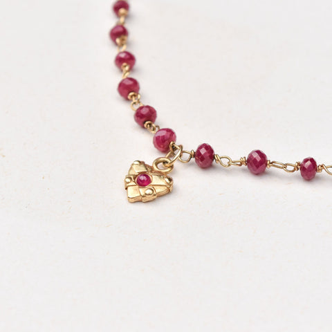 18K Ruby Rosary Chain Necklace With Ruby Heart Charm, Cute Pink Pendant Necklace, Victorian Revival, 16" L