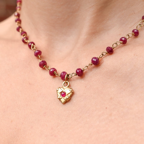 18K Ruby Rosary Chain Necklace With Ruby Heart Charm, Cute Pink Pendant Necklace, Victorian Revival, 16" L