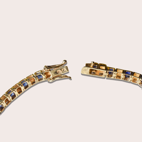 Modernist 10K Yellow Gold Sapphire Link Bracelet, Sleek Square Link BraceletK, Estate Jewelry, 7 1/2" L