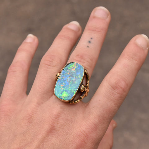 Estate 14K Black Opal Figural Ring In Yellow Gold, Ladies Holding Stone, One-Of-A-Kind, 6 1/2 US