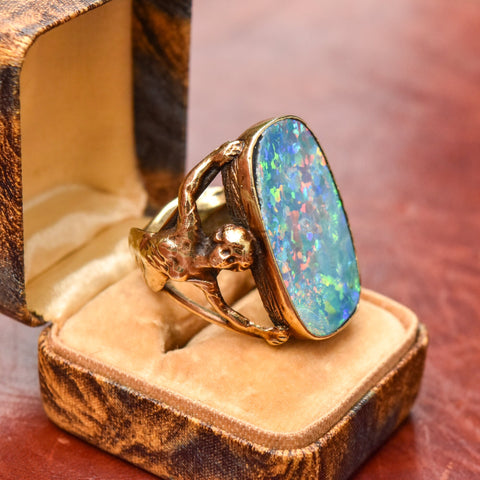 Estate 14K Black Opal Figural Ring In Yellow Gold, Ladies Holding Stone, One-Of-A-Kind, 6 1/2 US