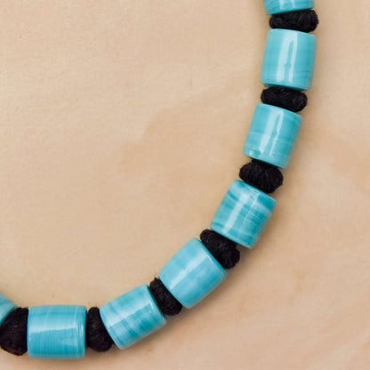 1960's India Handmade Blue Barrel Bead Necklace, Chunky Black Cord & Toggle Clasp, Bohemian Jewelry, 19" L