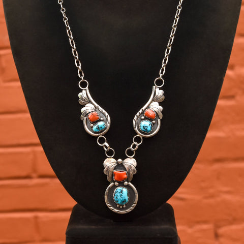 Native American Turquoise & Coral Y-Necklace In Sterling Silver, Natural Gemstone Pendant, 20.5" L