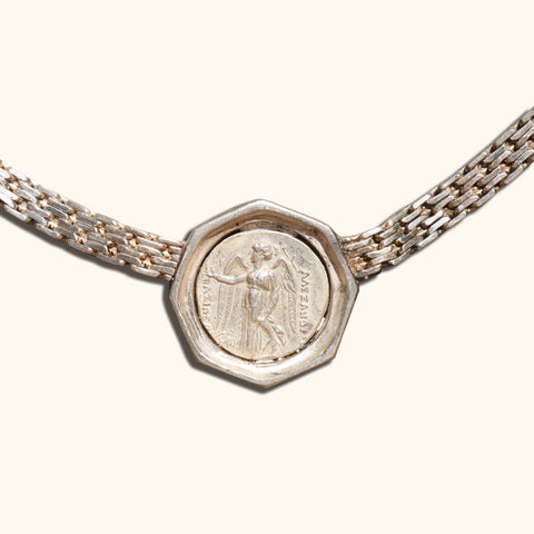 Sterling Silver Ancient Greek Alexander The Great Coin Pendant Bismark Chain Collar Necklace, 16" L