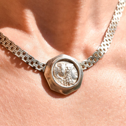 Sterling Silver Ancient Greek Alexander The Great Coin Pendant Bismark Chain Collar Necklace, 16" L