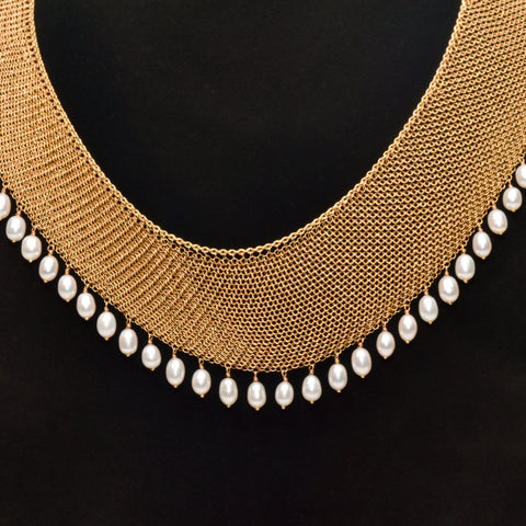 Elsa Peretti For Tiffany 18K Yellow Gold Mesh Pearl Bib Necklace, Fringe Collar Necklace, Estate Jewelry, 16 1/2"