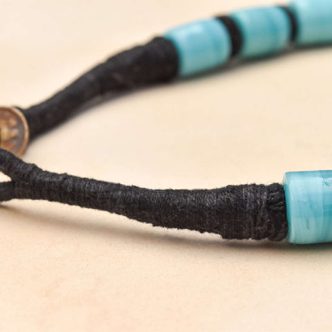 1960's India Handmade Blue Barrel Bead Necklace, Chunky Black Cord & Toggle Clasp, Bohemian Jewelry, 19" L
