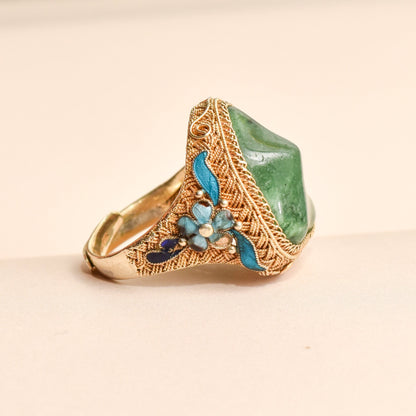 Chinese export vermeil silver ring with enamel, jade gemstone, and floral motifs. Adjustable size 7-11 US.