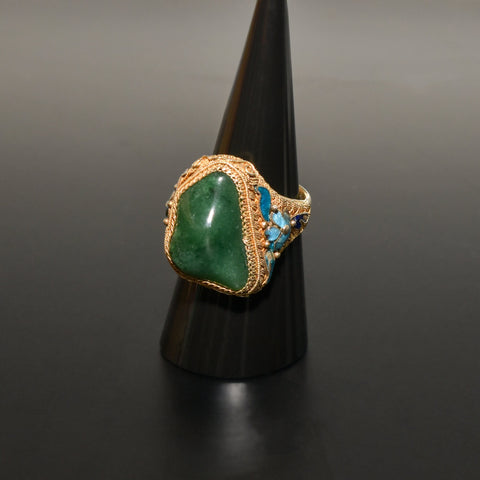 Chinese Export Vermeil Silver Enamel Jade Ring, Gemstone Nugget, Floral Motifs, Adjustable, Size 7-11 US