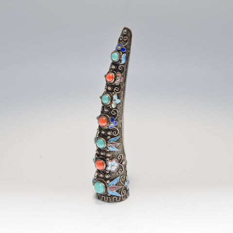 Antique Chinese Enamel Filigree Finger Guard Brooch Pin, Turquoise & Coral Cabochons, Floral Motifs, 8.5cm