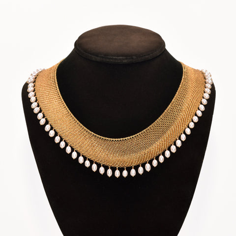 Elsa Peretti For Tiffany 18K Yellow Gold Mesh Pearl Bib Necklace, Fringe Collar Necklace, Estate Jewelry, 16 1/2"