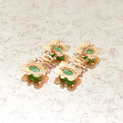 Estate 14K Yellow Gold Carved Jade Enamel Chandelier Earrings, Elephant Repousse, Floral Motifs, 2 3/4" L