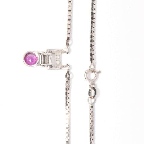 Italian 14K White Gold Diamond Pink Sapphire Pendant Necklace, 2mm Box Chain, Estate Jewelry, 18.5" L