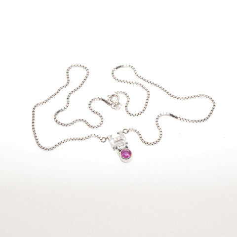 Italian 14K White Gold Diamond Pink Sapphire Pendant Necklace, 2mm Box Chain, Estate Jewelry, 18.5" L
