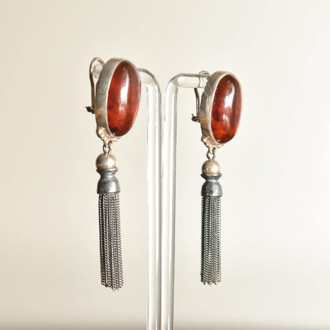 Signed Italian Modernist Sterling Silver Amber Tassel Earrings, Omega Back Stud Earrings, 3" L