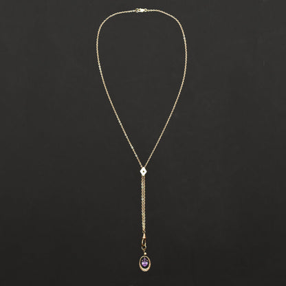10K Amethyst Seed Pearl Watch/Lorgnette Chain Lavaliere Necklace W/ Slide, Mourning Jewelry, 22" L