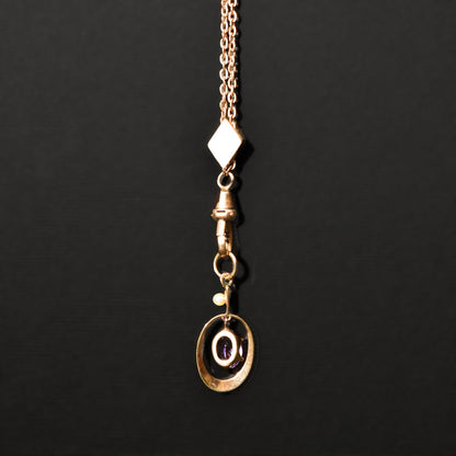 10K Amethyst Seed Pearl Watch/Lorgnette Chain Lavaliere Necklace W/ Slide, Mourning Jewelry, 22" L