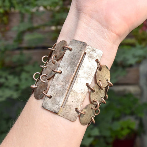 Handmade Mixed Metal Hammered Disc Bracelet, Wide 3-Row Chainmail Cuff, Bohemian Jewelry, 7" L