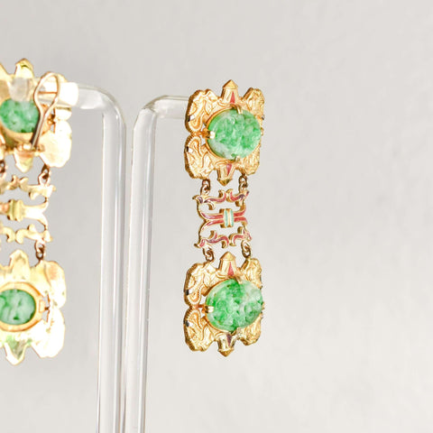 Estate 14K Yellow Gold Carved Jade Enamel Chandelier Earrings, Elephant Repousse, Floral Motifs, 2 3/4" L