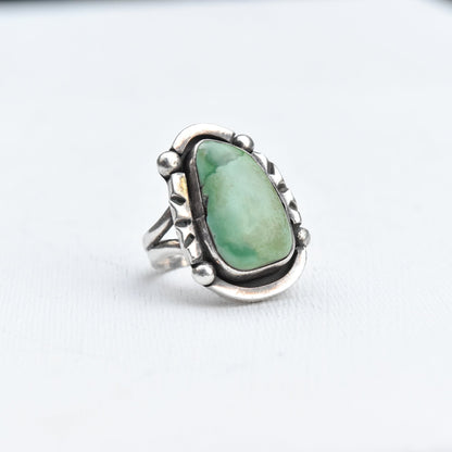 Native American Green Turquoise Ring In Sterling Silver, Hammered Silver, Size 9 3/4 US