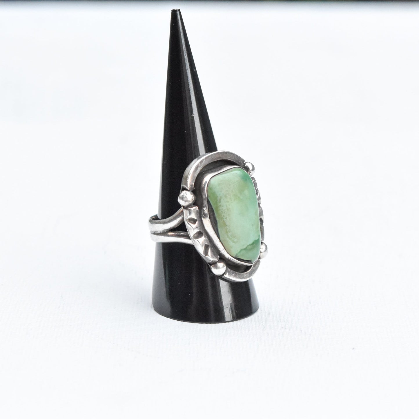 Native American Green Turquoise Ring In Sterling Silver, Hammered Silver, Size 9 3/4 US