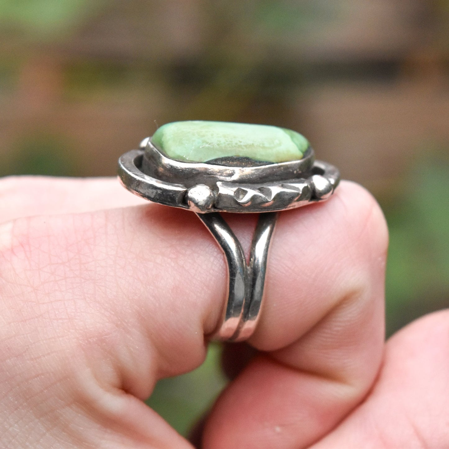 Native American Green Turquoise Ring In Sterling Silver, Hammered Silver, Size 9 3/4 US