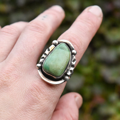 Native American Green Turquoise Ring In Sterling Silver, Hammered Silver, Size 9 3/4 US