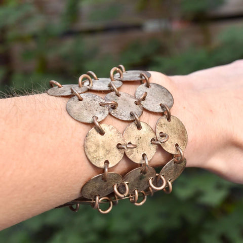 Handmade Mixed Metal Hammered Disc Bracelet, Wide 3-Row Chainmail Cuff, Bohemian Jewelry, 7" L