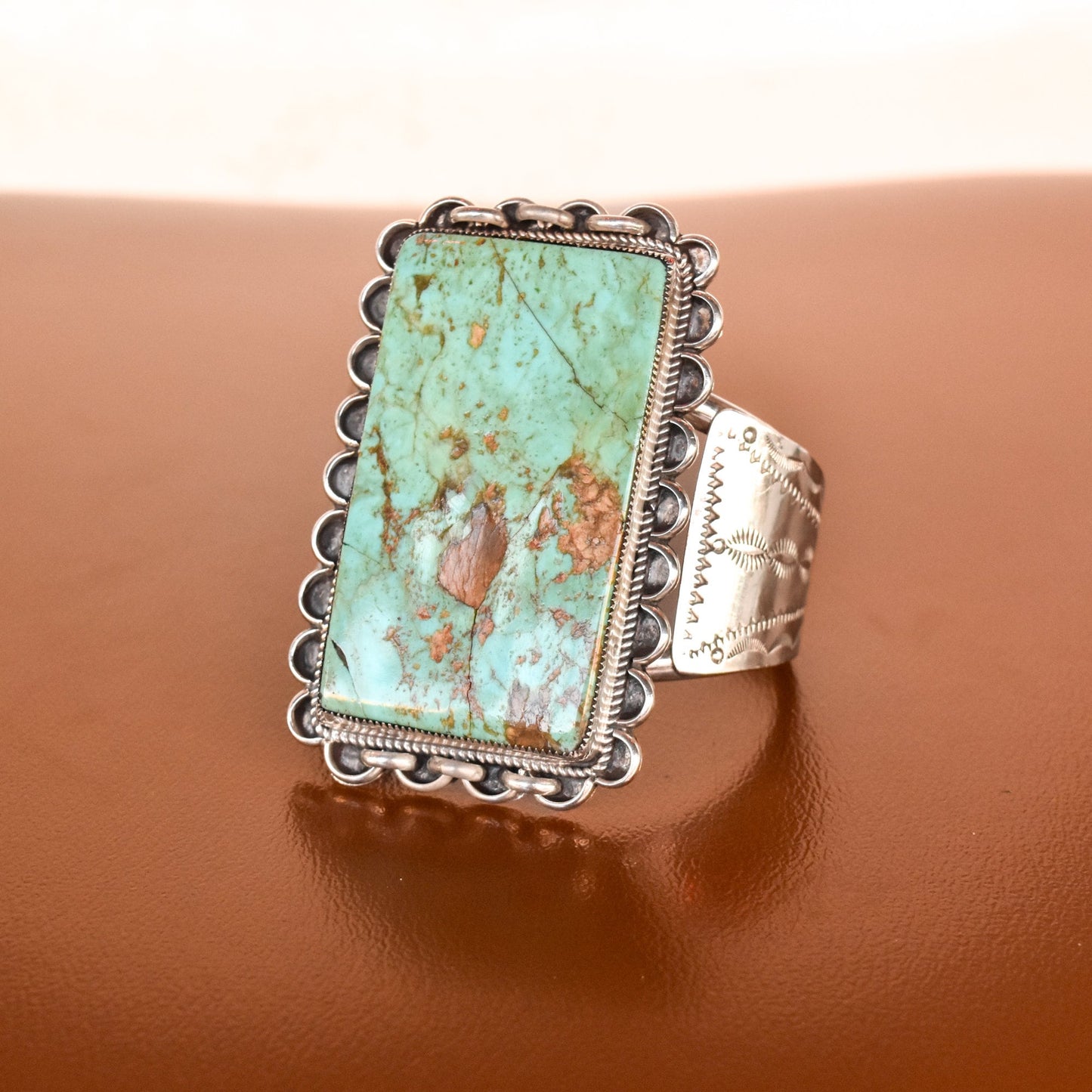 Native American Modernist Turquoise Cuff Bracelet In Sterling Silver, Helen Harrison Navajo, 5.75"