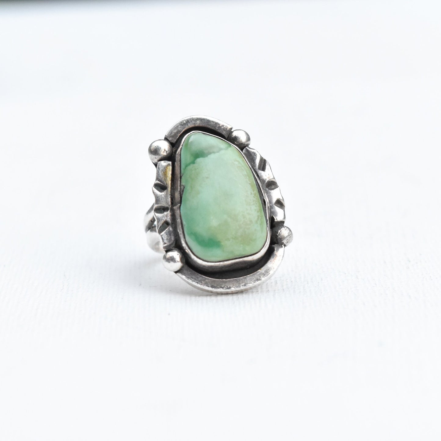 Native American Green Turquoise Ring In Sterling Silver, Hammered Silver, Size 9 3/4 US