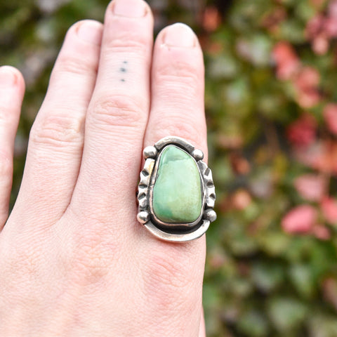 Native American Green Turquoise Ring In Sterling Silver, Hammered Silver, Size 9 3/4 US