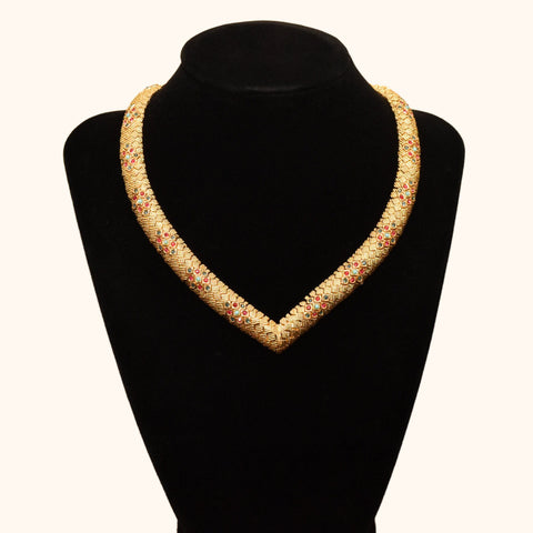 Vintage CINER Gold-Plated Chevron Necklace With Colorful Crystal Accents, Chunky Serpent Choker, 15.25" L