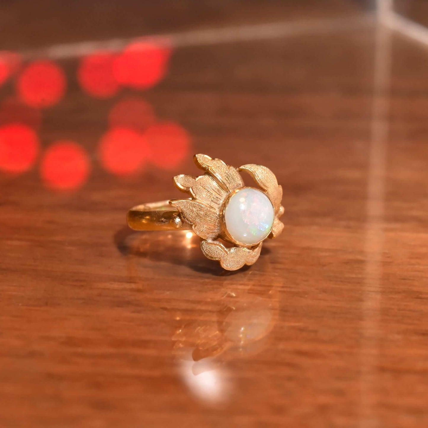 18K Opal Cocktail Ring In Yellow Gold, Asymmetric Leaf Setting, Estate Jewelry, Size 8 1/2 US
