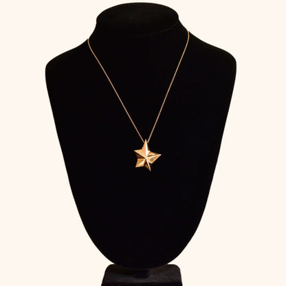 14K Gold Star Pendant Necklace, Asymmetric 5-Pointed Star, 1mm Cable Chain, Christmas Gift, 18.5" L