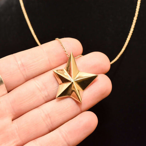 14K Gold Star Pendant Necklace, Asymmetric 5-Pointed Star, 1mm Cable Chain, Christmas Gift, 18.5" L