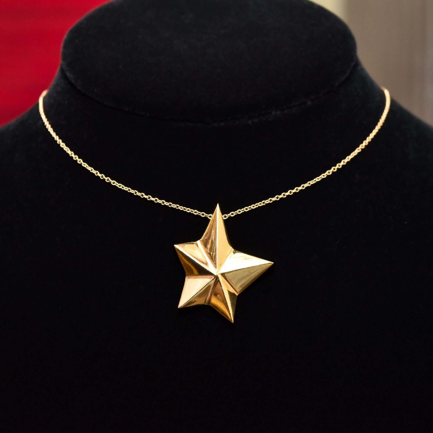 14K Gold Star Pendant Necklace, Asymmetric 5-Pointed Star, 1mm Cable Chain, Christmas Gift, 18.5" L
