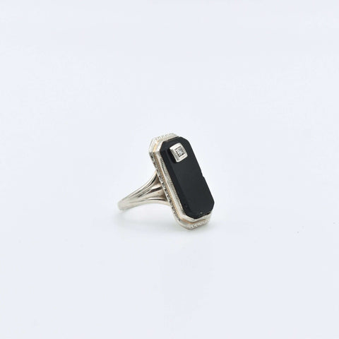 Art Deco 10K White Gold Black Onyx Diamond Ring, Etched Setting, Offset Stone, Estate Jewelry, 4 3/4 US