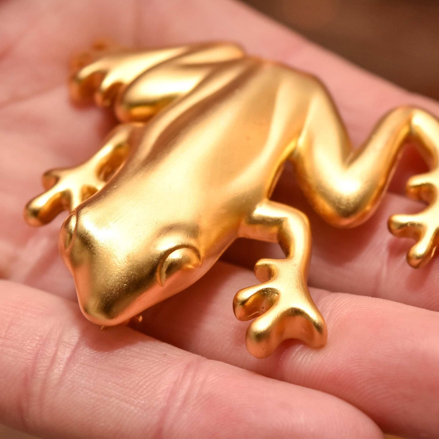 Givenchy Paris Golden Tree Frog Brooch, Satin Gold Plated, Vintage Designer Jewelry, 2.5"