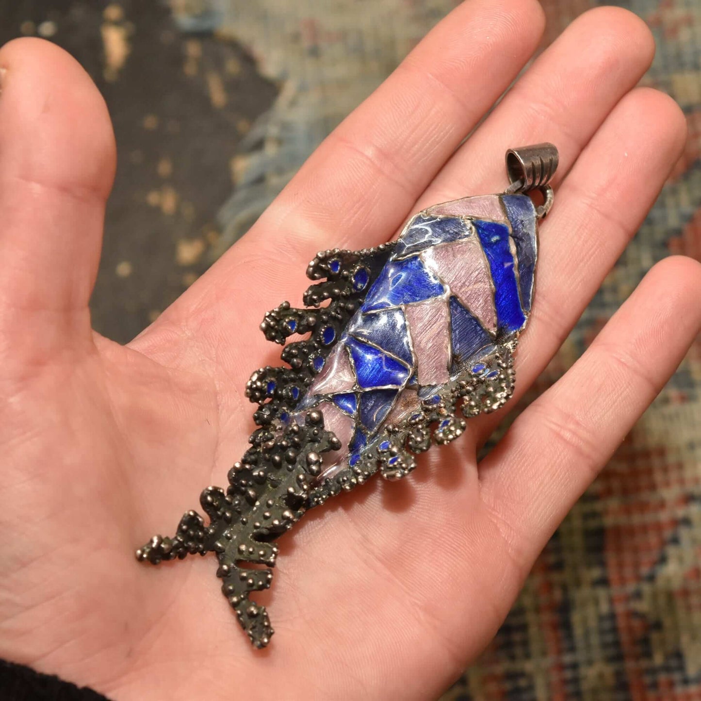 Huge Silver Enamel Fish Pendant, Vibrant Purple/Blue Colors, Statement Piece, Bohemian Jewelry, 4 1/8" L