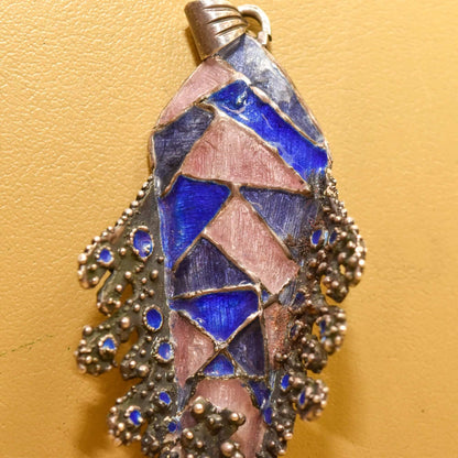 Huge Silver Enamel Fish Pendant, Vibrant Purple/Blue Colors, Statement Piece, Bohemian Jewelry, 4 1/8" L