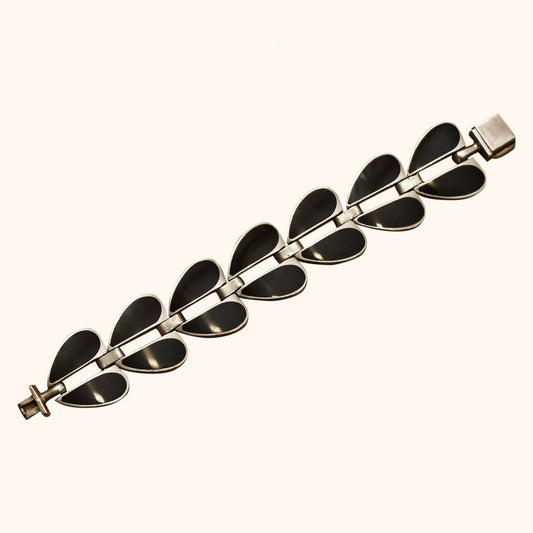 TAXCO Sterling Silver 950 Black Onyx Inlay Heart Bracelet, Modernist Link Bracelet, Mexico TN-57