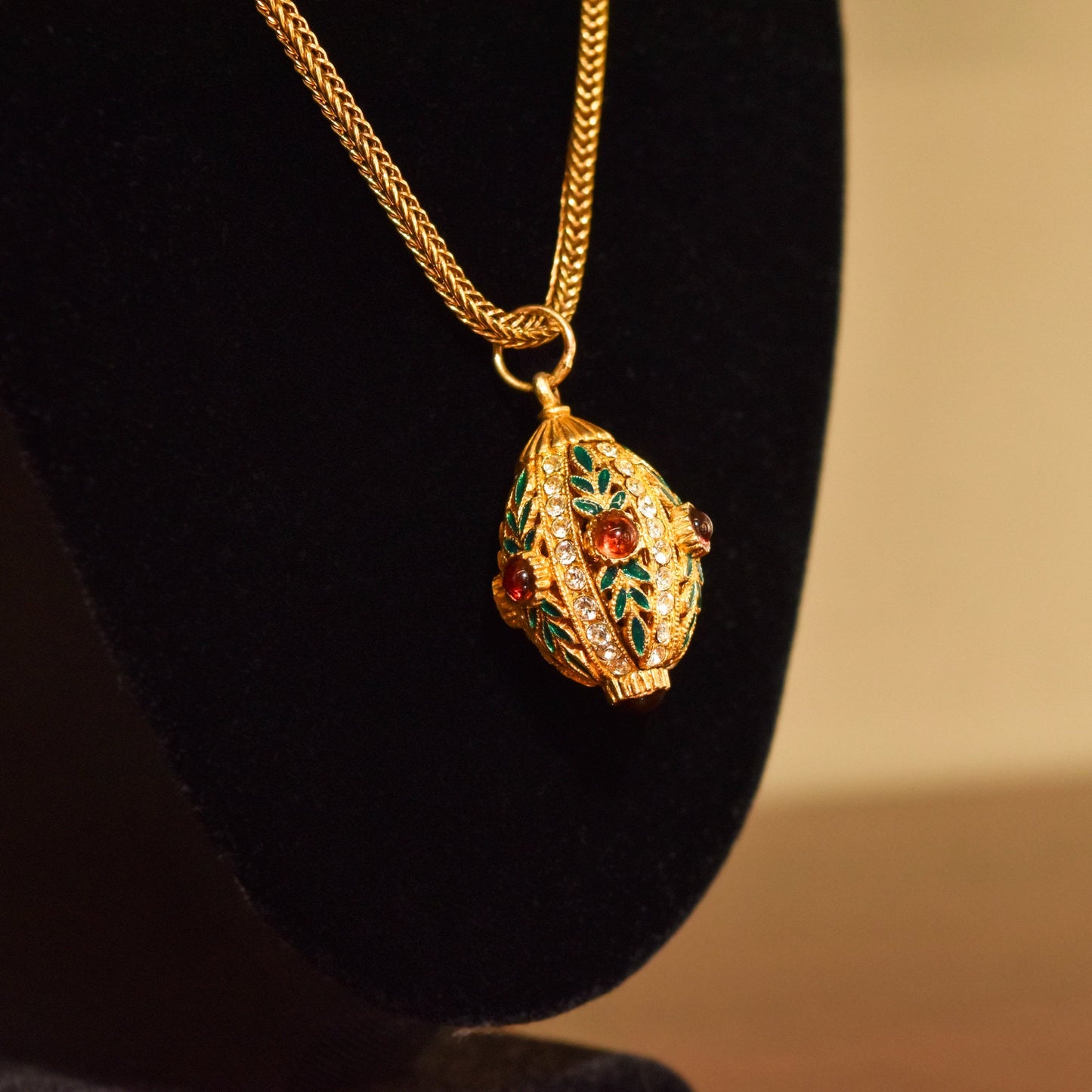 Russian Faberge Egg Charm Pendant, Enamel & Swarovski Crystals, Estate Jewelry, 32mm