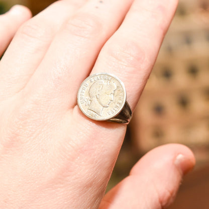 Sterling Silver 1916 Liberty Barber Dime Coin Ring, Men's Jewelry, Size 9 1/4 US