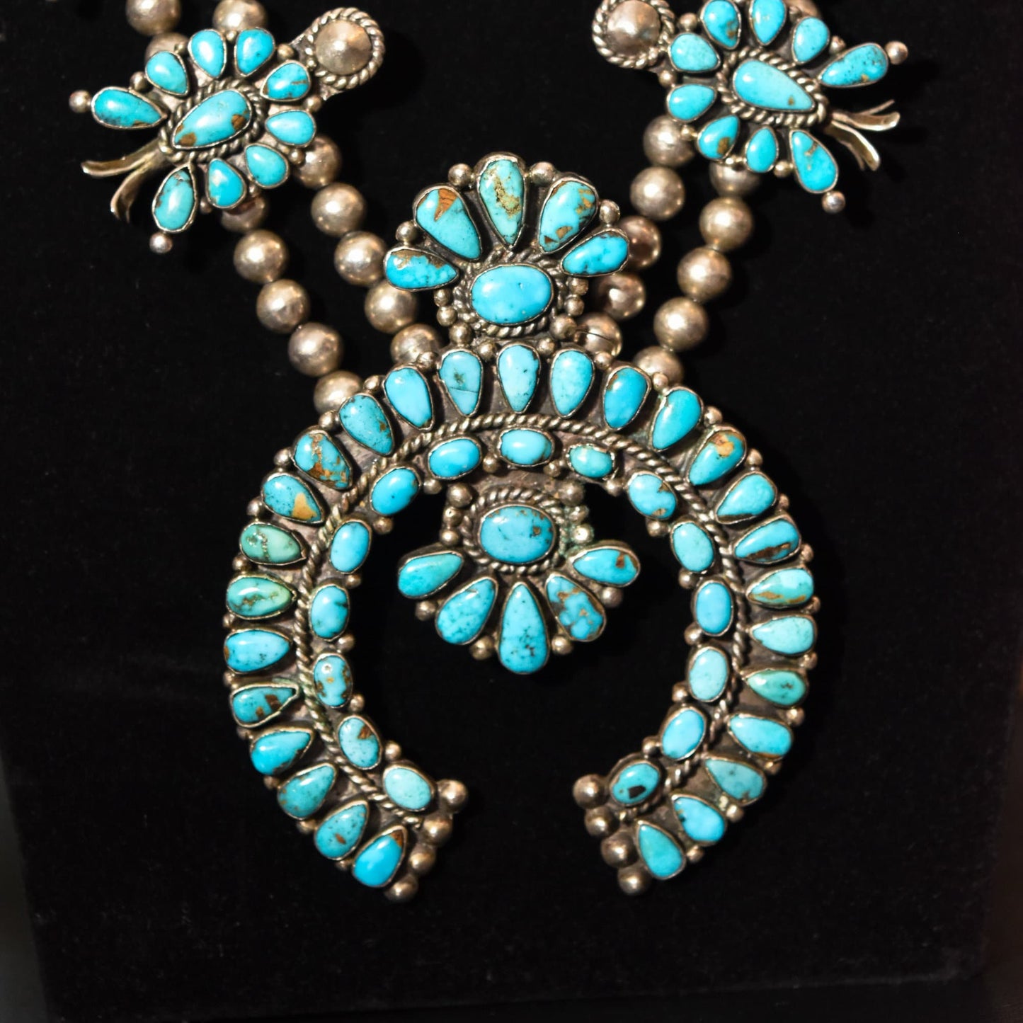 Native American Squash Blossom Necklace, Unsigned, Sterling Silver and Natural Turquoise, Old Pawn Jewelry, 32"