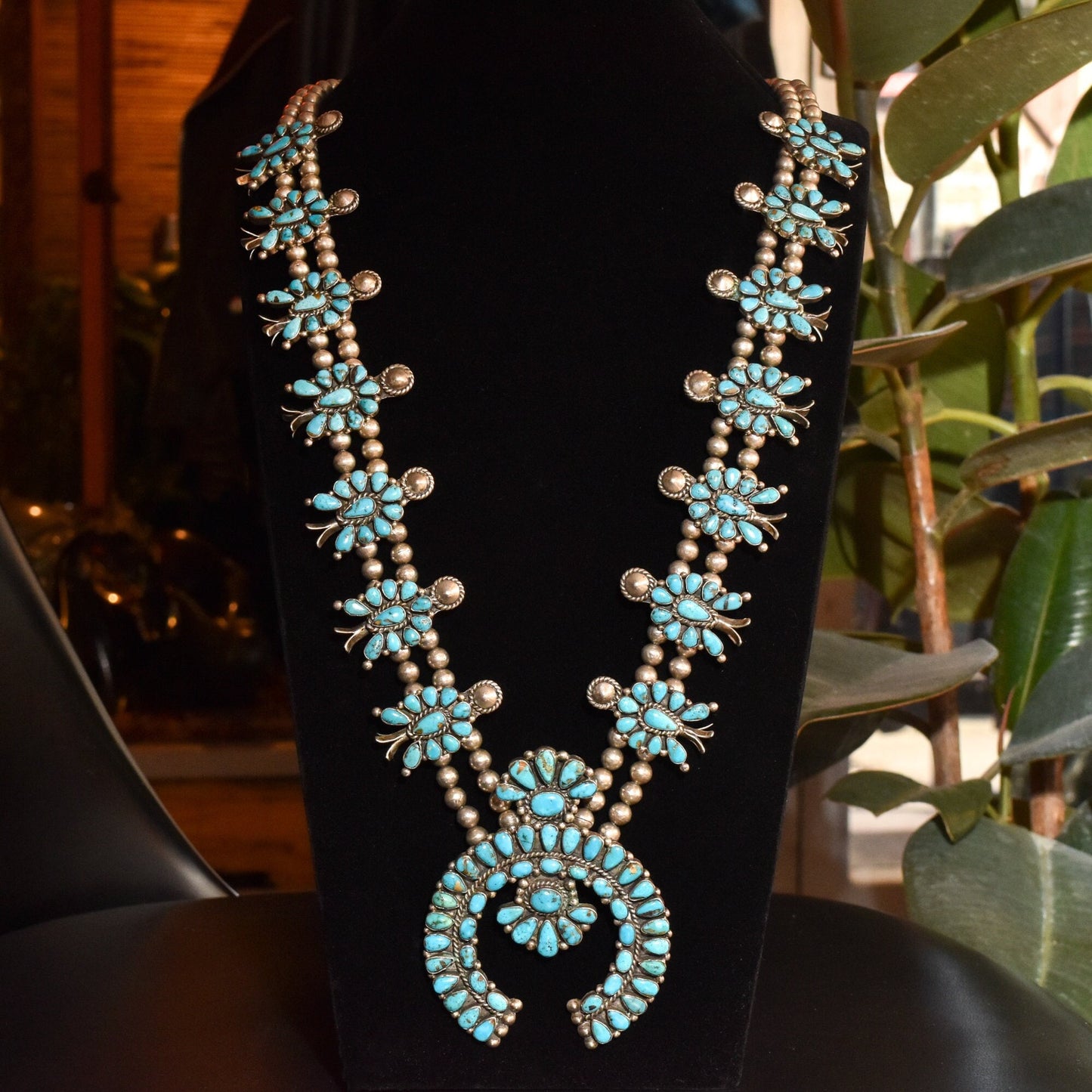 Native American Squash Blossom Necklace, Unsigned, Sterling Silver and Natural Turquoise, Old Pawn Jewelry, 32"