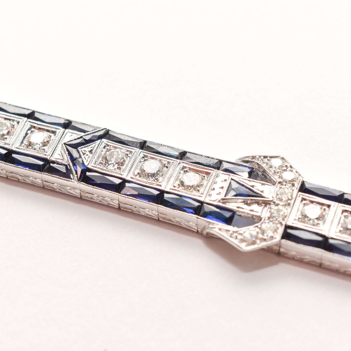 Art Deco Platinum Natural Diamond & Synthetic Sapphire Belt Buckle Link Bracelet, Estate Jewelry, 7.25"
