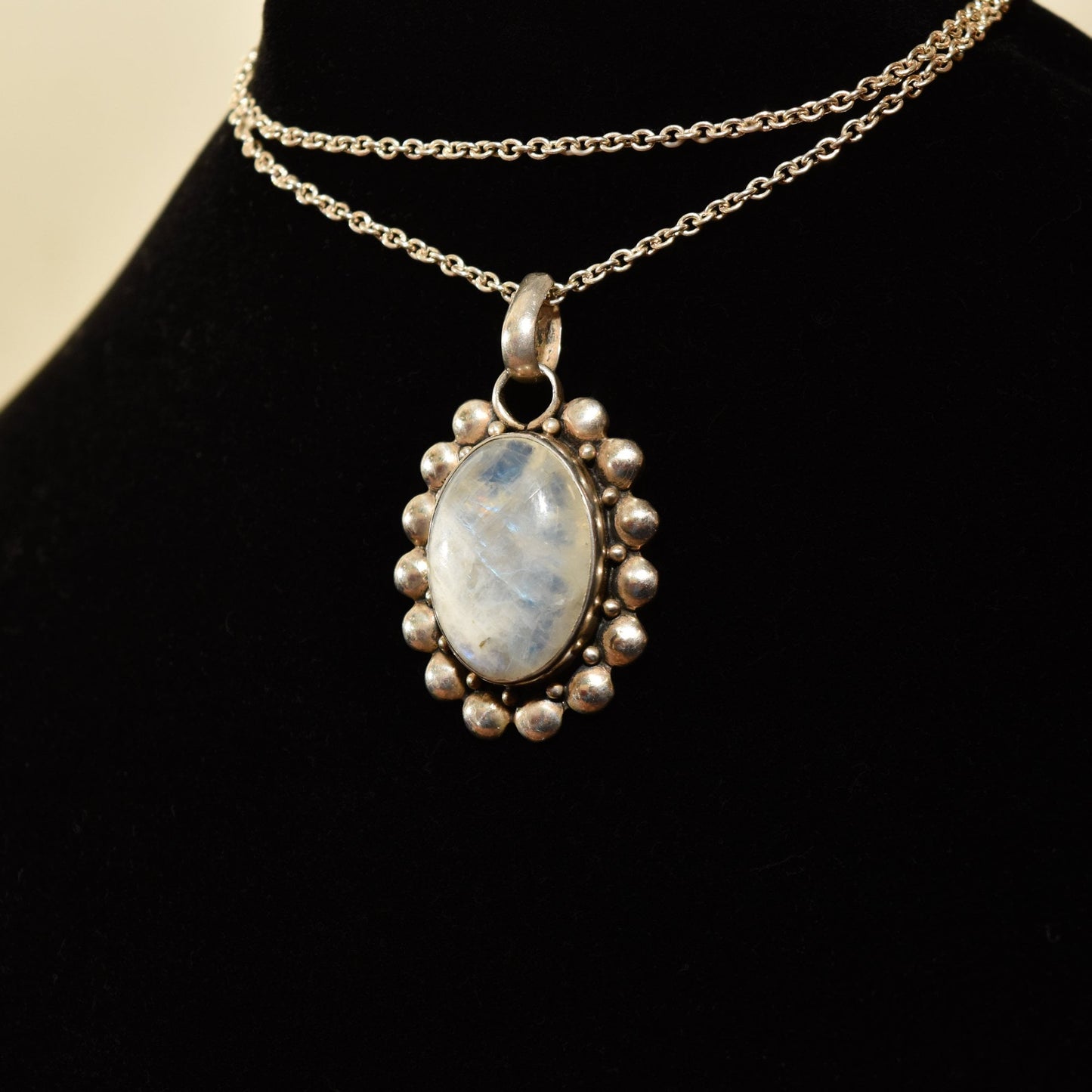 Sterling Silver Rainbow Moonstone Flower Pendant, Gemstone Jewelry, Bohemian Style, 925 HM, 1.5"