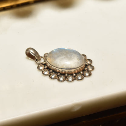 Sterling Silver Rainbow Moonstone Flower Pendant, Gemstone Jewelry, Bohemian Style, 925 HM, 1.5"